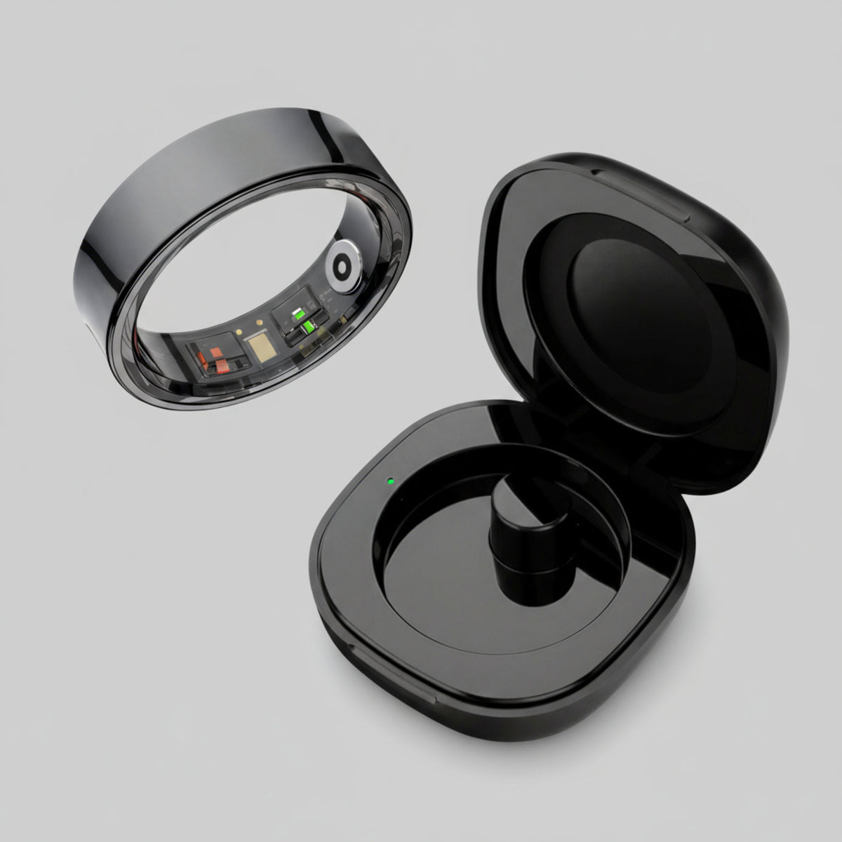 Smart Ring HALO preto e estojo de recarga aberto