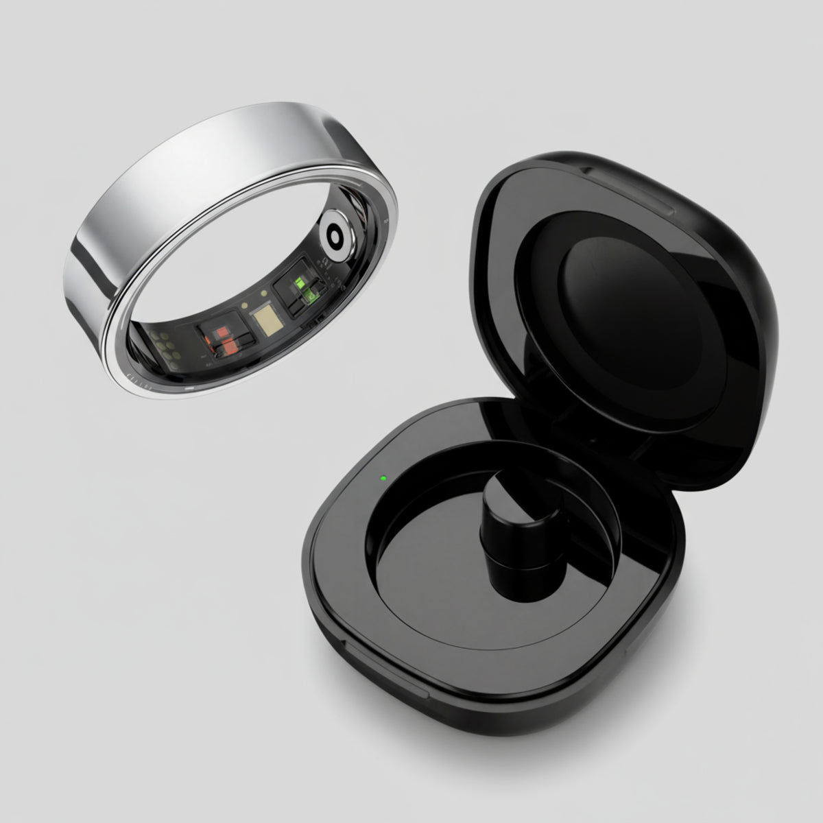 Smart Ring HALO prata e estojo de recarga aberto