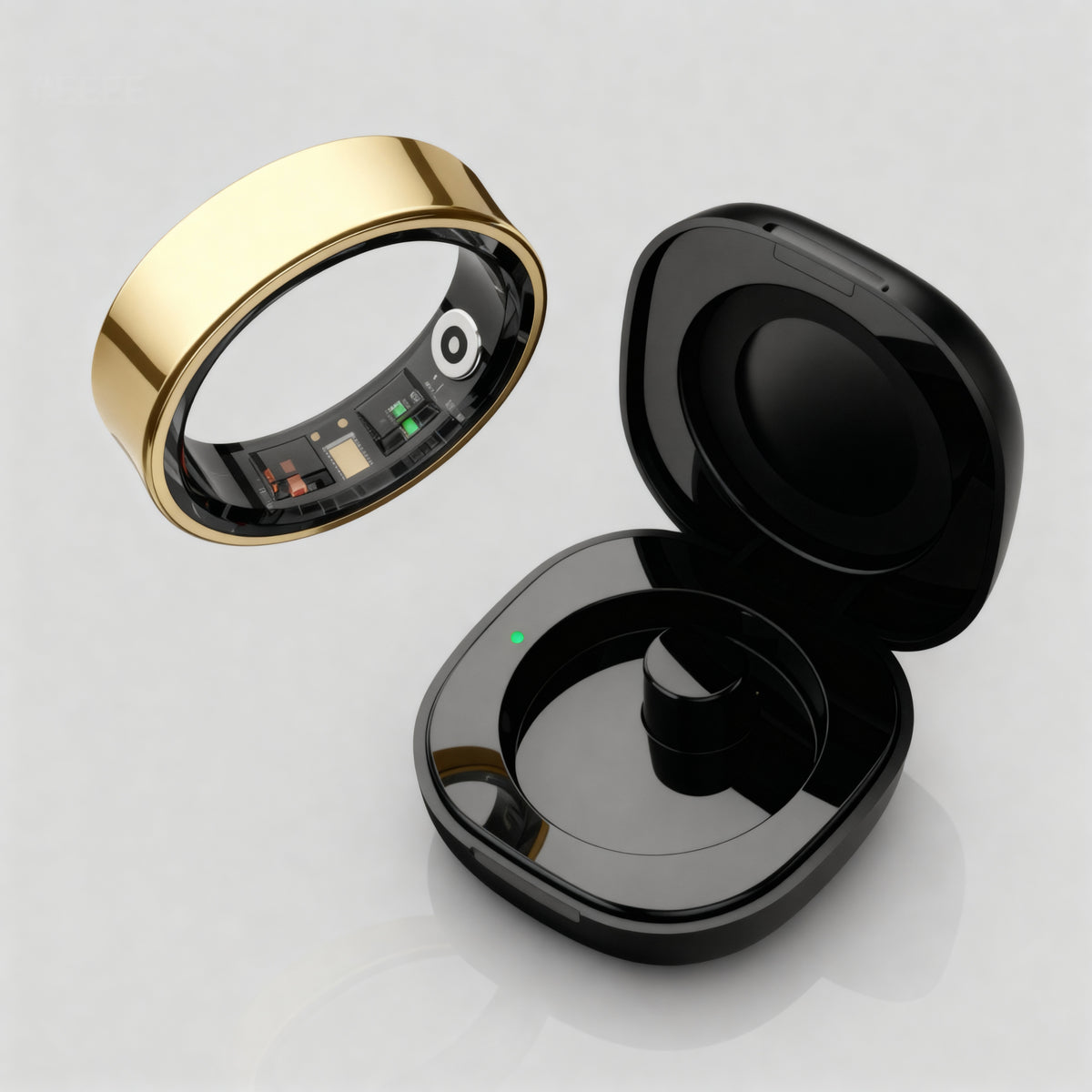 Smart Ring HALO dourado e estojo de recarga aberto